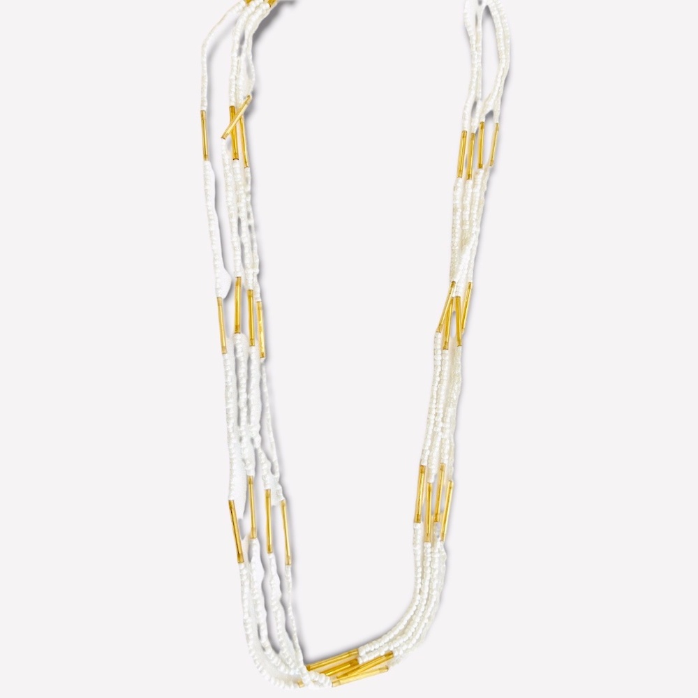 Vintage Long Triple Strand Pearlized Seed Beads & Gold Bar Beads